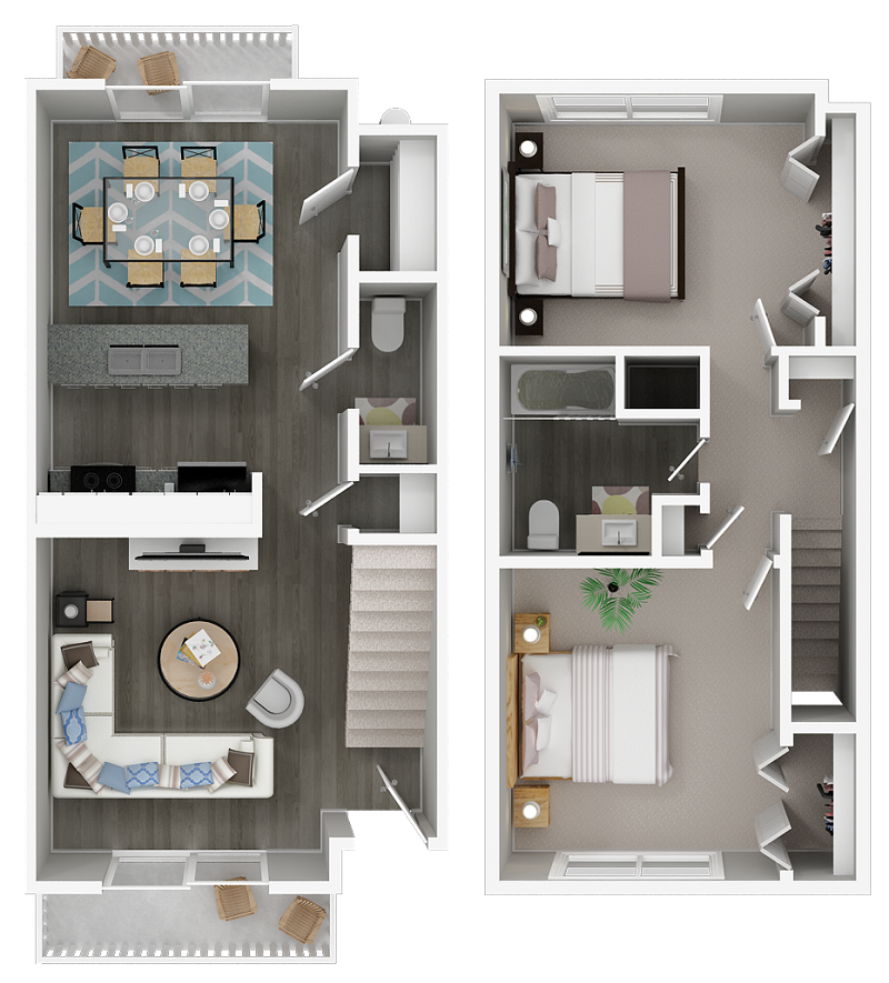 Floor plan for 2 beds, 1.5 baths, 1117 sqft